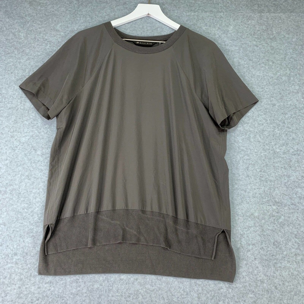 Athleta Womens Zephyr Tee Top Size M Arbor Olive Green Short Sleeve Hi Low Split